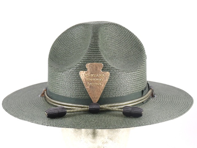 Montana Highway Patrol patrol hat, forest green double brim straw campaign hat with black and gold hat cords